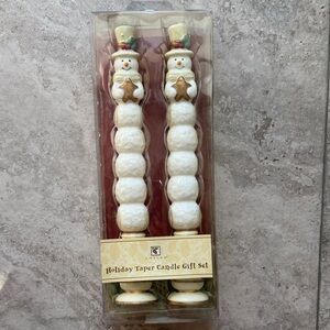 Snowman taper candle set with wood holders.